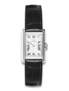Rectangular watch with Roman numerals, black leather strap, silver case, and crown on the right side.