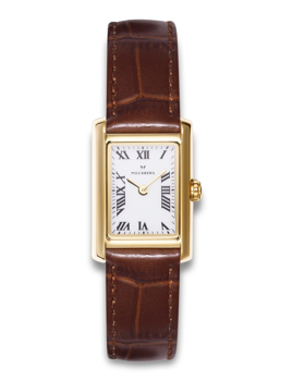 Rectangular watch with Roman numerals, gold case, and brown textured leather strap.