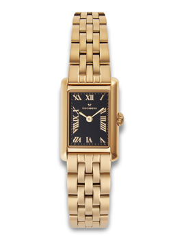 Rectangular black watch face with white Roman numerals, gold link bracelet, and "MOCKBERG" branding.