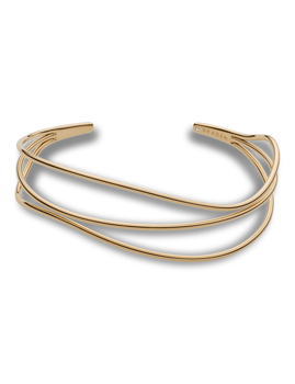 Gold-toned Skagen bracelet with intertwined wave design and engraved brand name.