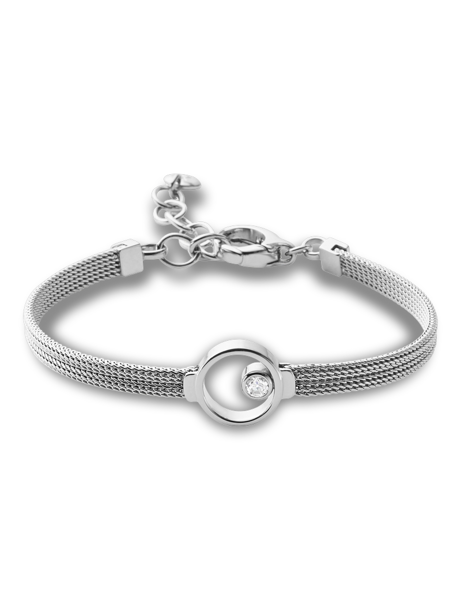 Bracelet with mesh band and circular centerpiece with stones, sleek and modern design.