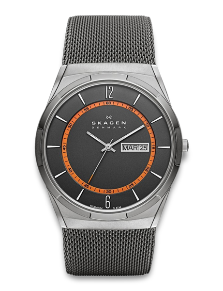 Skagen Melbye Titanium Quartz watch with black dial, orange accents, date display, metal mesh strap.
