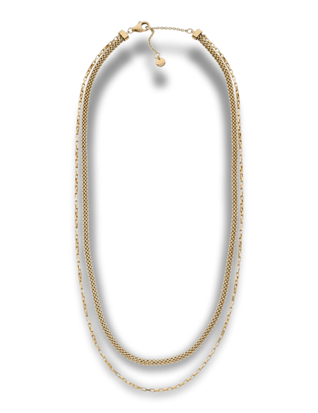 Layered necklace in gold with two chain styles and adjustable top closure.