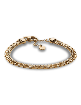 Bracelet with double layer design in golden tone, mixed chains and small pendant.