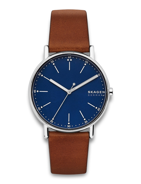 Watch with blue dial, brown leather strap, marked "SKAGEN" and "DENMARK" on the dial.