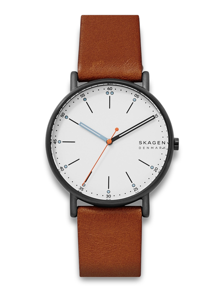Skagen watch, white dial, black markings, blue and orange hands, brown leather strap.
