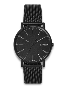 SKAGEN watch SKW6579 with black dial, white hands, metal mesh strap, minimalist design, SKAGEN logo.