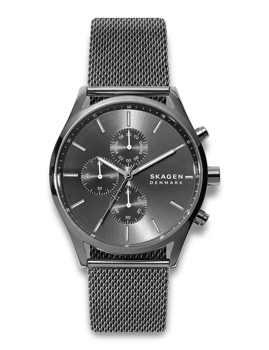 Skagen watch SKW6608 with dark gray dial, three small dials and mesh bracelet.