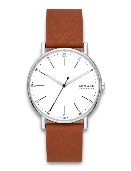 Minimalist watch with white dial, black markers, brown leather strap and "SKAGEN DENMARK" on the dial.