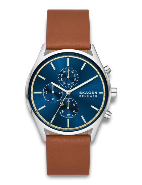Watch with blue dial, three chronograph subdials, silver case and brown leather strap, "SKAGEN DENMARK".