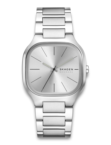 Skagen men\'s watch with square silver dial, metal bracelet and clear hour markers.