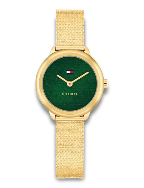 Gold watch with green dial, Hilfiger logo, gold hands, and textured strap.