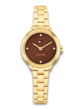 Gold bracelet watch with brown dial, Tommy Hilfiger logo, dot markers, hour and minute hands.