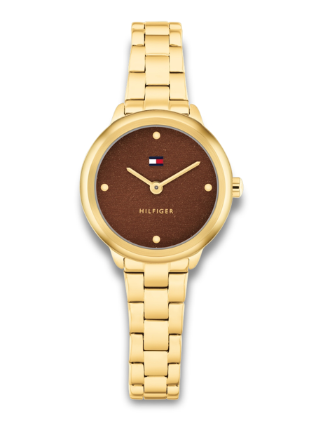 Gold bracelet watch with brown dial, Tommy Hilfiger logo, dot markers, hour and minute hands.