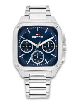 Square silver watch with blue dial, three subdials, silver hands, and metal link bracelet.