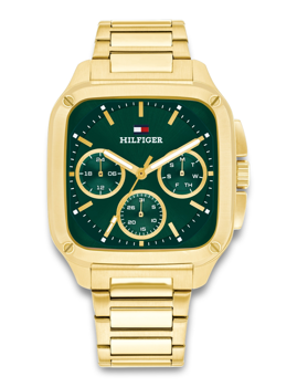 Gold metal bracelet watch with green face, subdials, and "HILFIGER" logo.