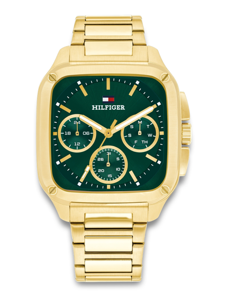 Gold metal bracelet watch with green face, subdials, and "HILFIGER" logo.