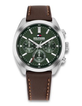 Green dial watch with "HILFIGER CHRONOGRAPH" text, three subdials, and brown stitched strap.