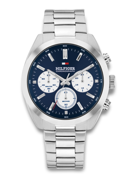 Silver watch with link bracelet, dark face, three subdials, "Tommy Hilfiger" and "CHRONOGRAPH" text.