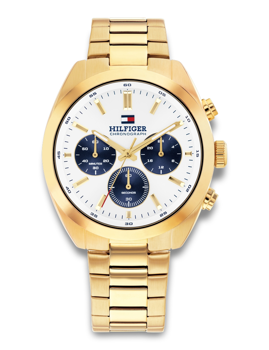 Gold-tone watch with white face, gold markers, three sub-dials, and link bracelet.