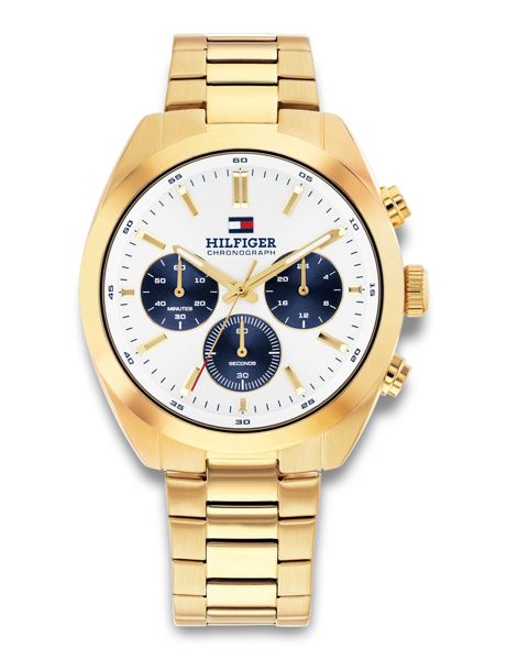 Gold-tone watch with white face, gold markers, three sub-dials, and link bracelet.