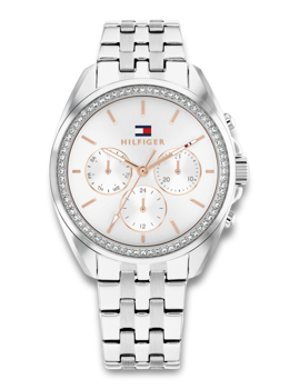 Silver watch with stone bezel, white dial, rose gold markers, sub-dials, and Tommy Hilfiger logo.