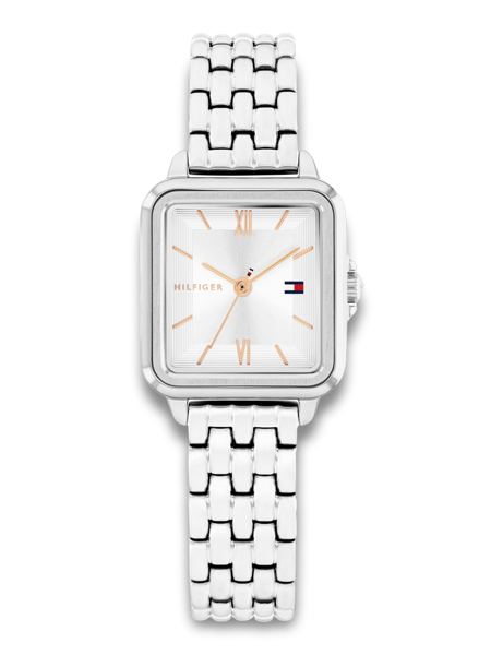 Square watch with metal link bracelet, rose-gold hands, Roman numerals, and Tommy Hilfiger logo.