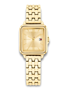 Square gold watch with linked bracelet, "HILFIGER" name, and logo on dial.
