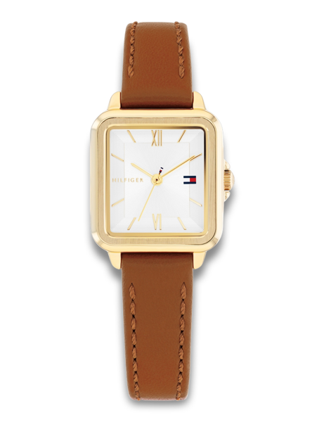 Gold-tone rectangular watch with white dial, brown leather strap, and Tommy Hilfiger logo.