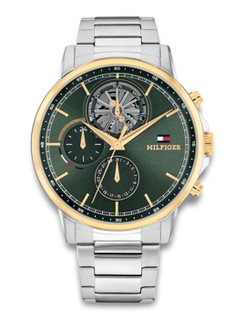 Green dial watch with gold accents, subdials, and silver-tone metal bracelet.
