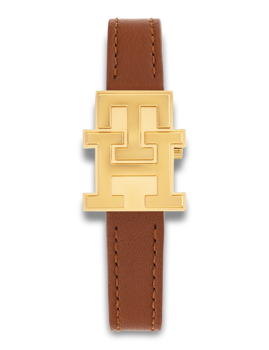 Gold-tone "TH" logo watch with brown strap and visible stitching, simple and logo-focused design.