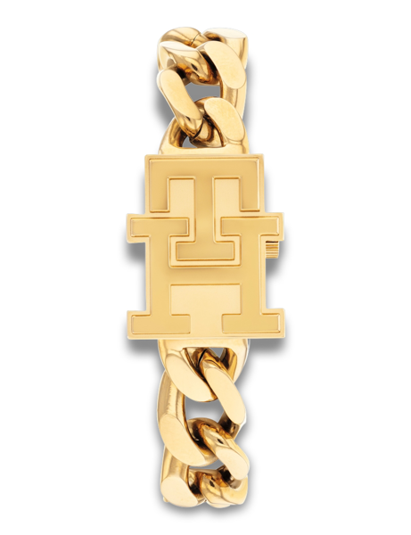 Gold watch strap with interlocking chain links and a large "TH" logo in the center.