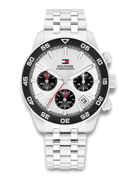 Silver watch with black bezel, three subdials, date window, and metal bracelet.