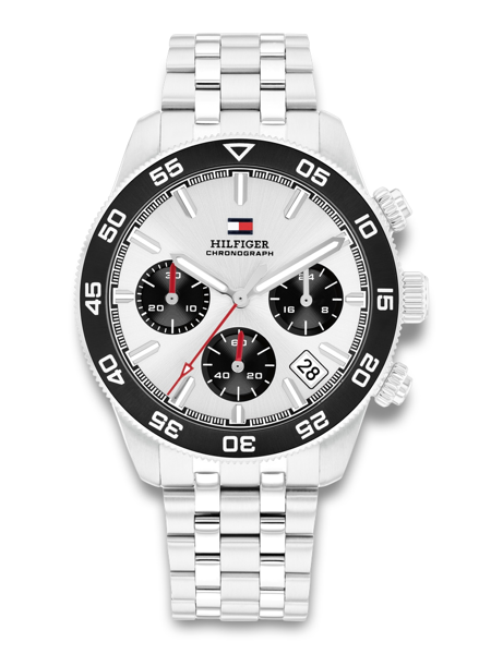 Silver watch with black bezel, three subdials, date window, and metal bracelet.