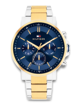 Blue dial watch with gold accents, two-tone gold and silver bracelet, and multiple subdials.