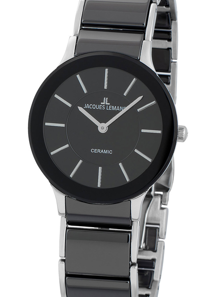 Black dial watch with silver markers, metallic strap, black-silver links, "Jacques Lemans" on dial.