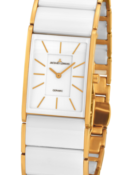 Rectangular watch with gold markers, hands, and two-tone white and gold bracelet; "JACQUES LEMANS" text.