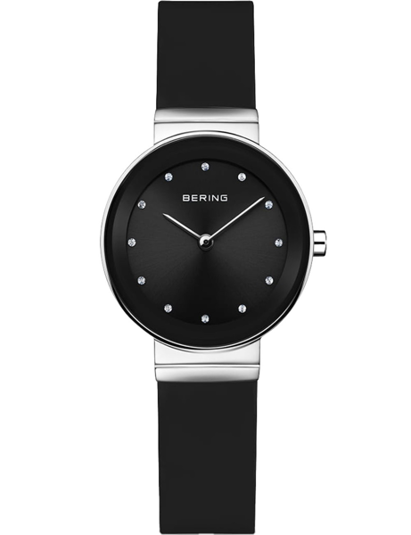 Bering ladies watch with black face, crystal markers, silver case, crown on right, and black strap.