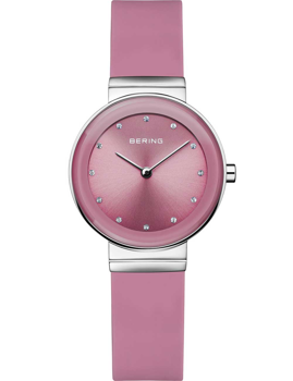 Pink Bering watch with stone markers, matching strap, minimalist design, and brand name on dial.