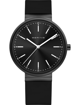 Black Bering watch with silver markers, minimalist design, black strap, and brand name on the dial.