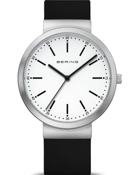 Round silver case, white dial, black markers and hands, black strap, minimalist design.