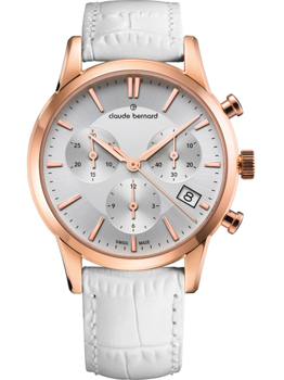 Rose gold chronograph watch with white strap, date at 4 o'clock, three subdials, elegant design.