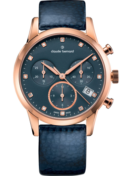 Dark blue dial ladies watch with rose gold-tone case, three sub-dials, and date window at 4 o'clock.