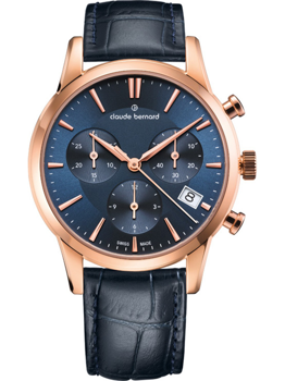 Claude Bernard watch, blue dial, rose-gold case, sub-dials, date at 4 o'clock, blue leather strap.