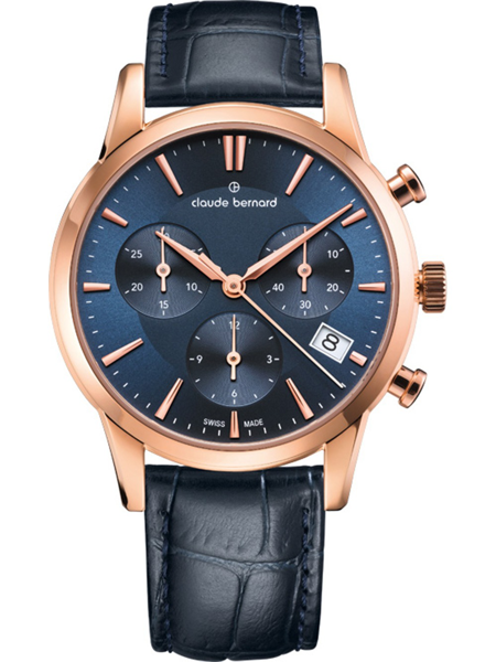 Claude Bernard watch, blue dial, rose-gold case, sub-dials, date at 4 o\'clock, blue leather strap.