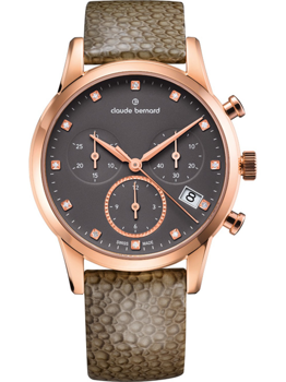 Rose gold-tone watch with gray dial, three subdials, date window, and textured patterned strap.