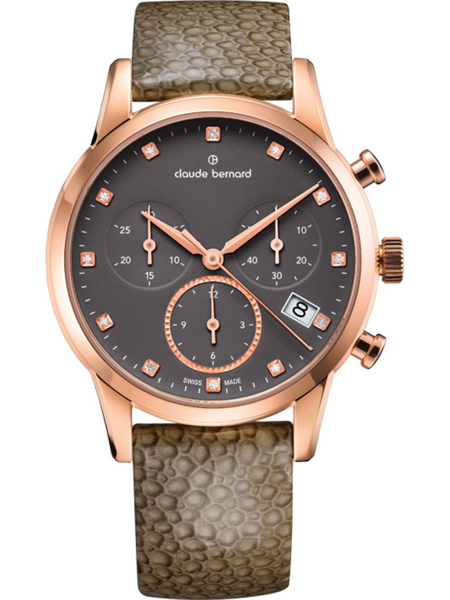 Rose gold-tone watch with gray dial, three subdials, date window, and textured patterned strap.
