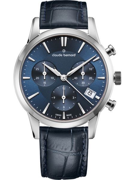 Claude Bernard ladies watch with blue dial, silver markers, subdials, textured strap, and date window.