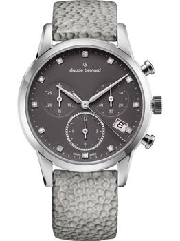 Claude Bernard watch with three sub-dials, date at 4 o'clock, and textured gray strap.