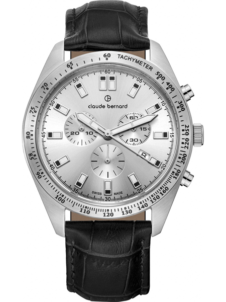 Silver watch with tachymeter, three sub-dials, and black leather strap. Claude Bernard branding.